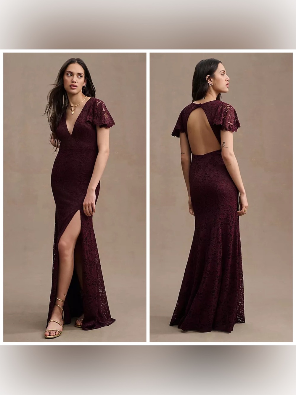 BHLDN Juliet Short-Sleeve V-Neck Lace Gown Purple Maroon Size 6